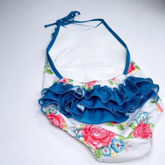 Oopsie Daisy Girls Low Back Ruffle Bum Floral Halter Tie One Piece Swimsuit 5 - Picture 4 of 14